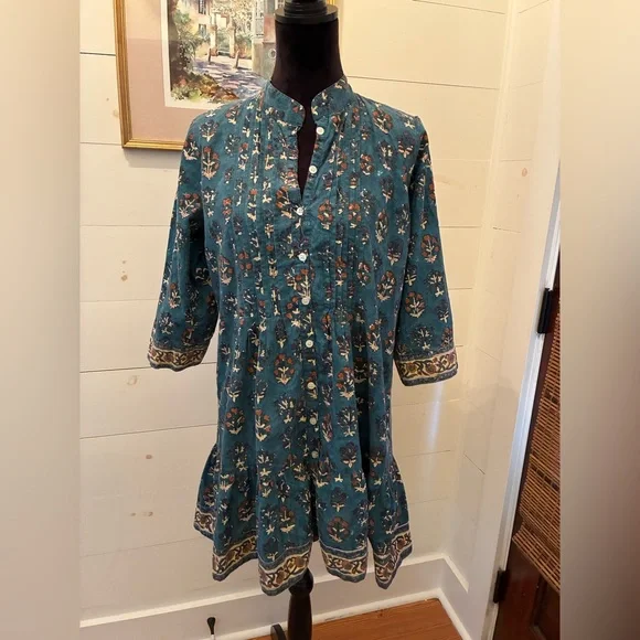 Victoria Dunn bohemian tunic dress in a rich teal print floral100% cotton sizeLG - Picture 1 of 11